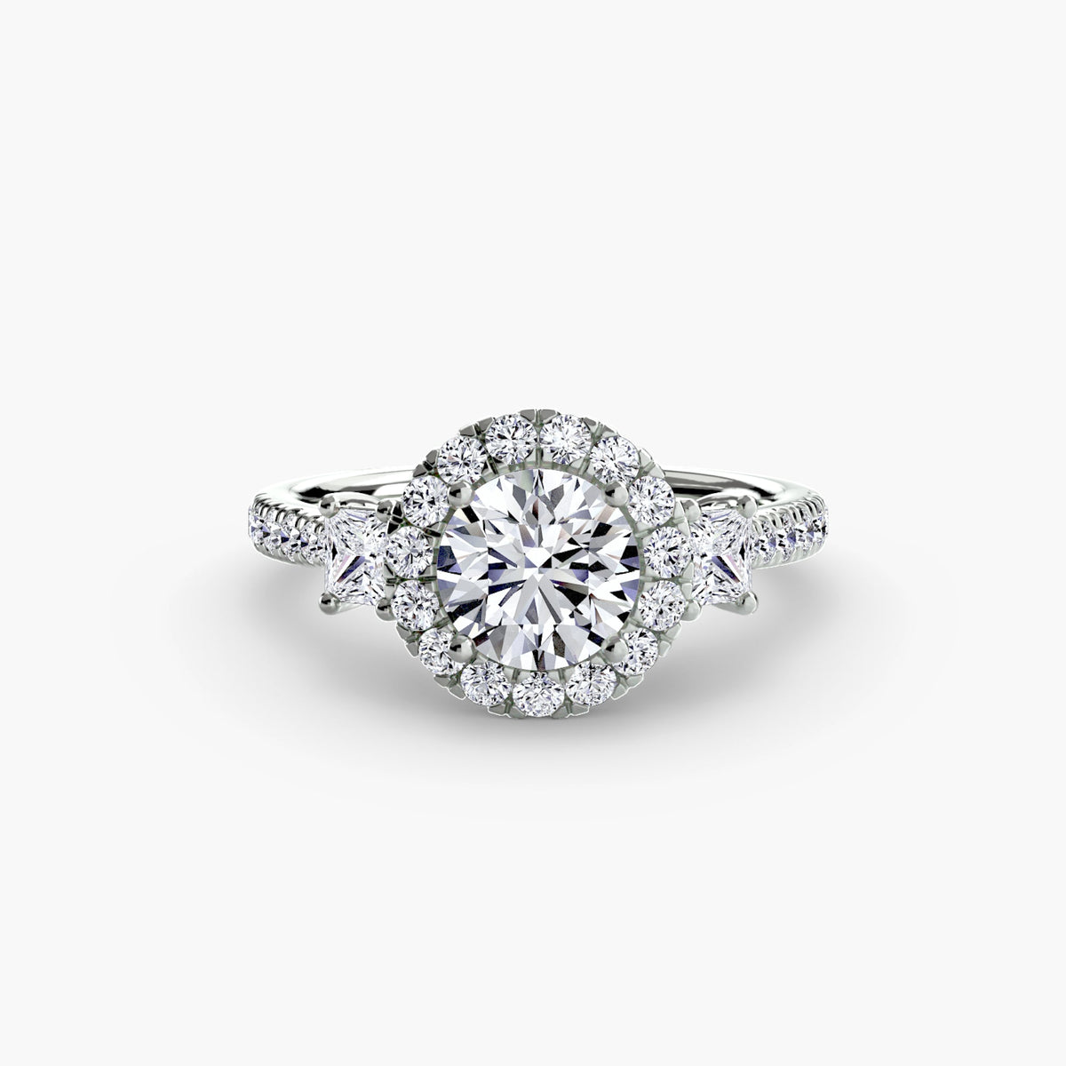Palermo Havana halo three-stone engagement ring