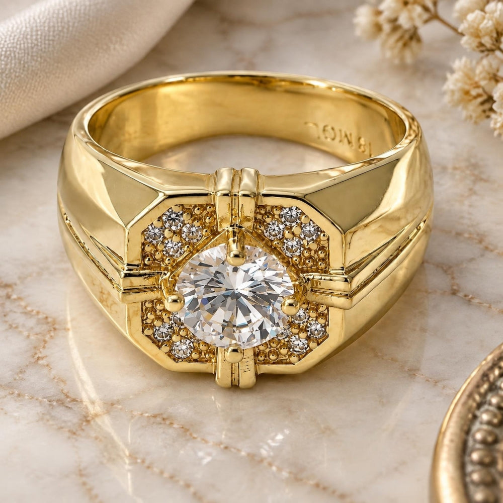 Oro Laminado Mens Ring, Gold Filled Style with White Cubic Zirconia, Polished, Golden Finish