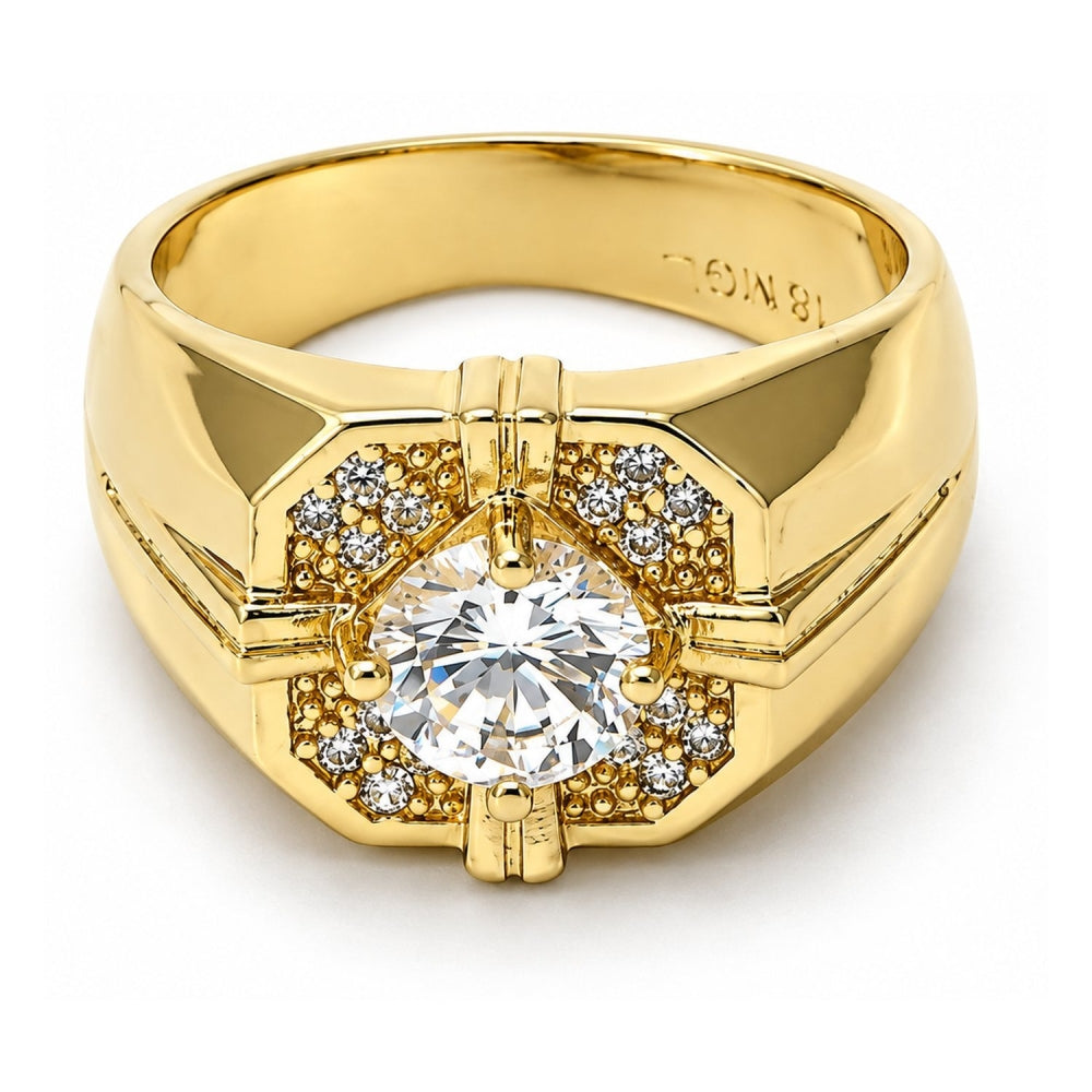 Oro Laminado Mens Ring, Gold Filled Style with White Cubic Zirconia, Polished, Golden Finish