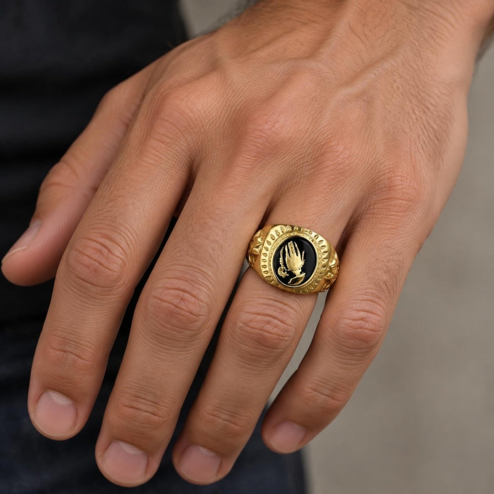 Oro Laminado Mens Ring, Gold Filled Style Hand and Bird Design, Black Enamel Finish, Golden Finish