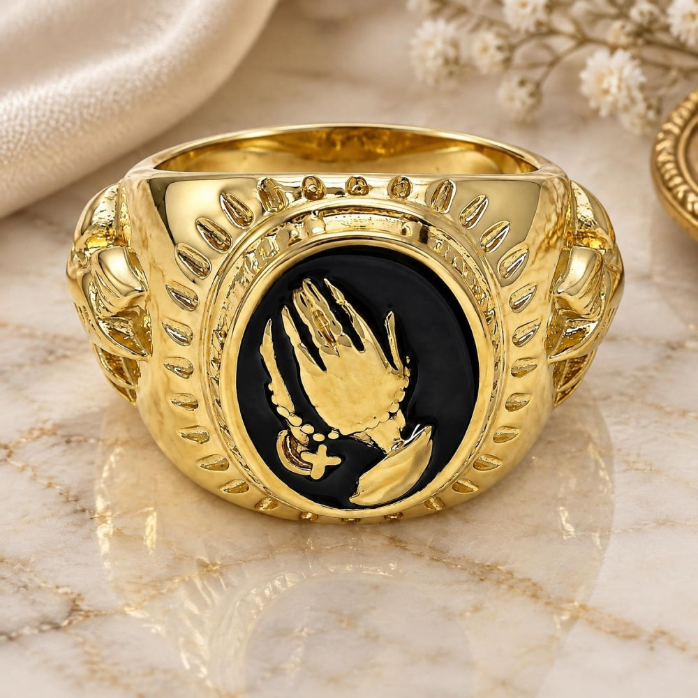 Oro Laminado Mens Ring, Gold Filled Style Hand and Bird Design, Black Enamel Finish, Golden Finish