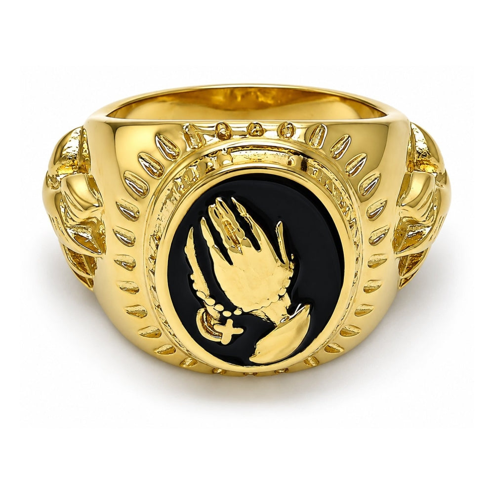 Oro Laminado Mens Ring, Gold Filled Style Hand and Bird Design, Black Enamel Finish, Golden Finish
