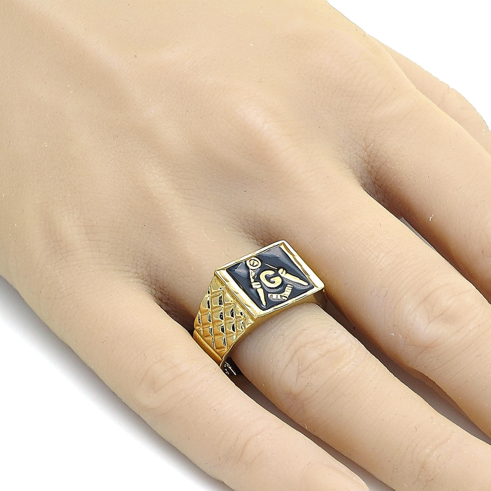 Oro Laminado Mens Ring, Gold Filled Style Black Enamel Finish, Golden Finish