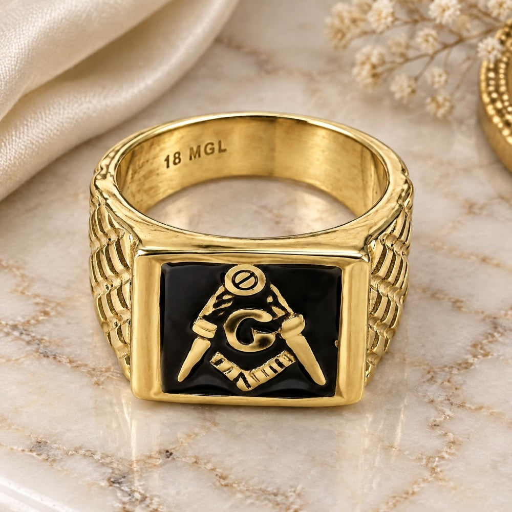 Oro Laminado Mens Ring, Gold Filled Style Black Enamel Finish, Golden Finish