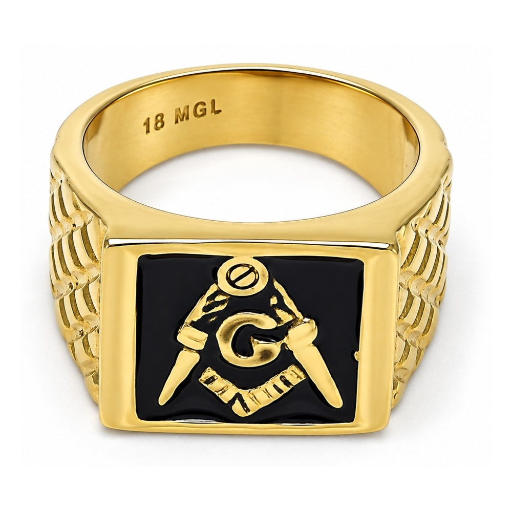 Oro Laminado Mens Ring, Gold Filled Style Black Enamel Finish, Golden Finish