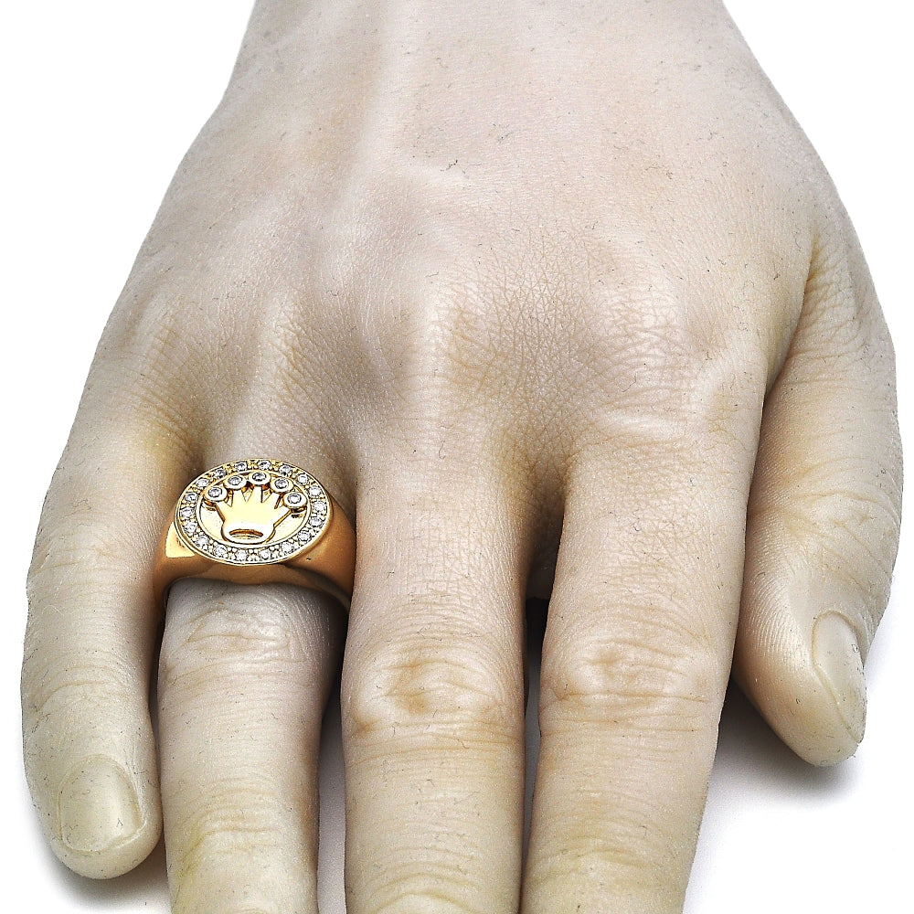 Oro Laminado Mens Ring, Gold Filled Style Crown Design, with White Cubic Zirconia, Polished, Golden Finish
