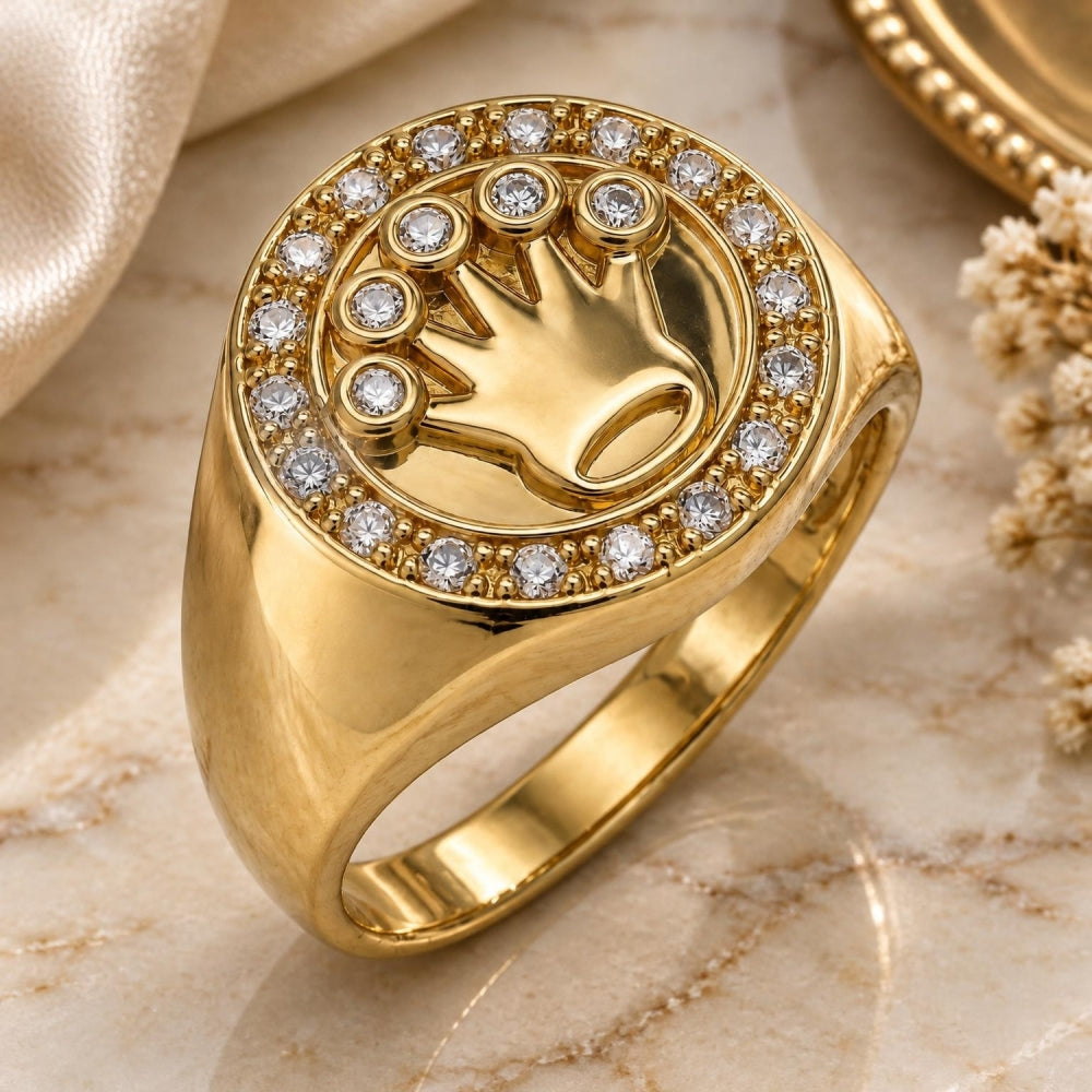 Oro Laminado Mens Ring, Gold Filled Style Crown Design, with White Cubic Zirconia, Polished, Golden Finish