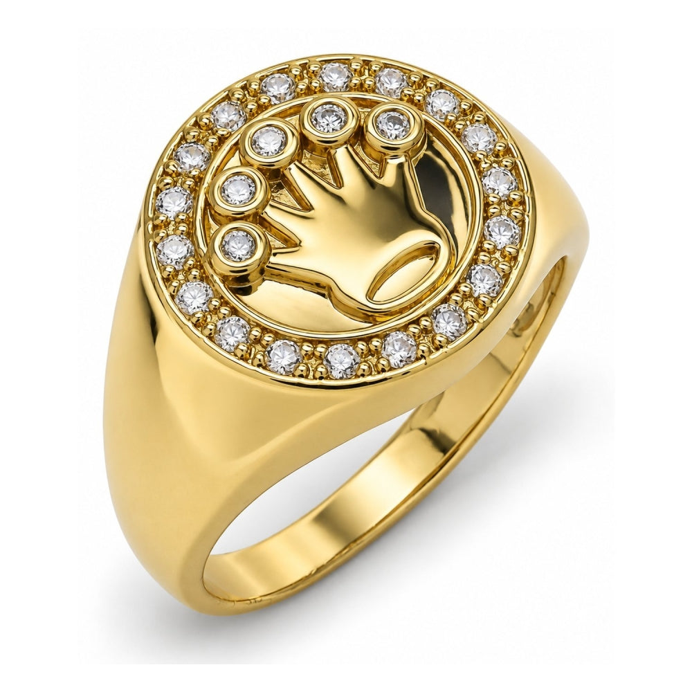 Oro Laminado Mens Ring, Gold Filled Style Crown Design, with White Cubic Zirconia, Polished, Golden Finish