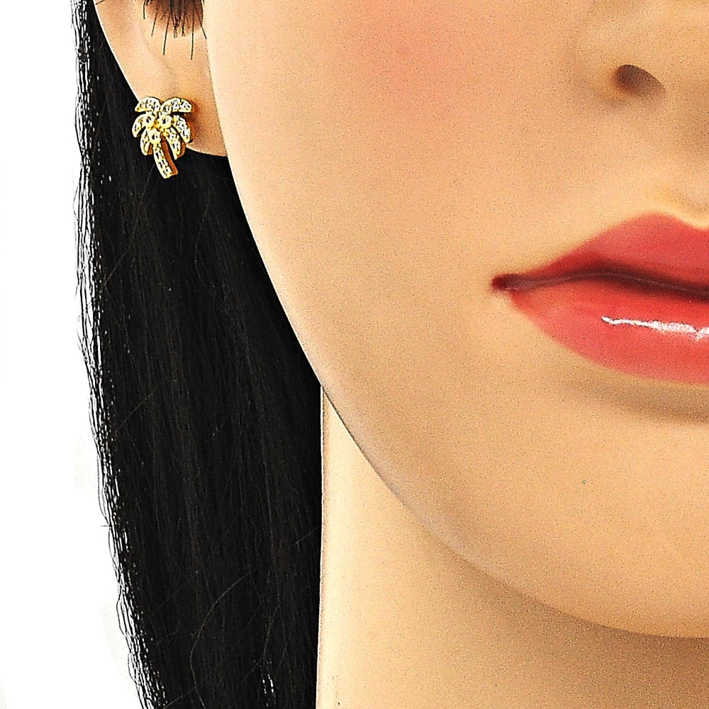 Oro Laminado Earring and Pendant Adult Set, Gold Filled Style Tree Design, with White Cubic Zirconia, Polished, Golden Finish