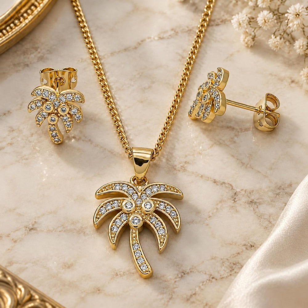 Oro Laminado Earring and Pendant Adult Set, Gold Filled Style Tree Design, with White Cubic Zirconia, Polished, Golden Finish