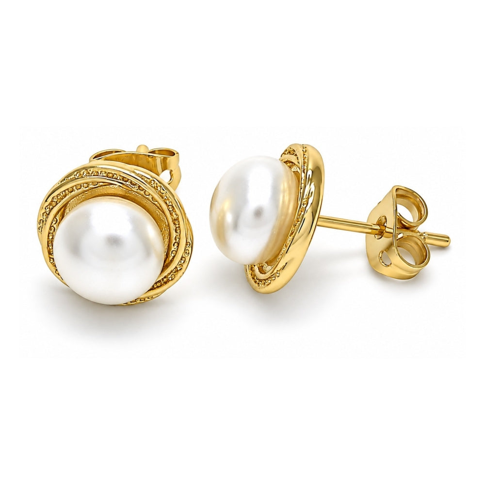 Oro Laminado Stud Earring, Gold Filled Style with Ivory Pearl, Polished, Golden Finish