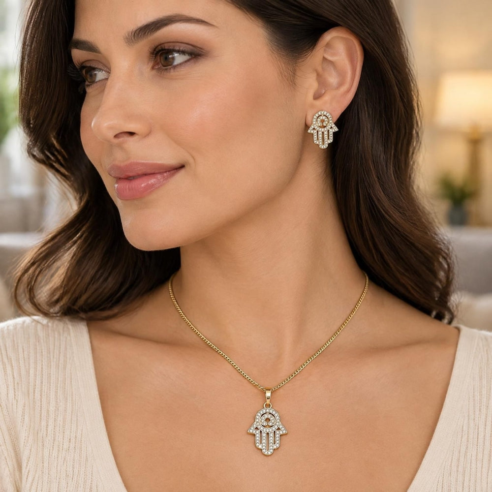Oro Laminado Earring and Pendant Adult Set, Gold Filled Style Hand of God and Judaica Design, with White Micro Pave, Polished, Golden Finish