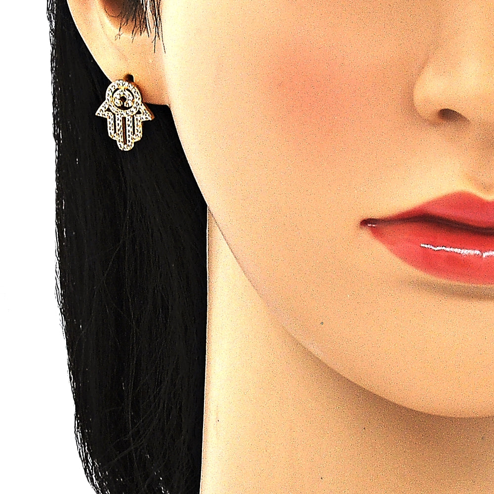 Oro Laminado Earring and Pendant Adult Set, Gold Filled Style Hand of God and Judaica Design, with White Micro Pave, Polished, Golden Finish