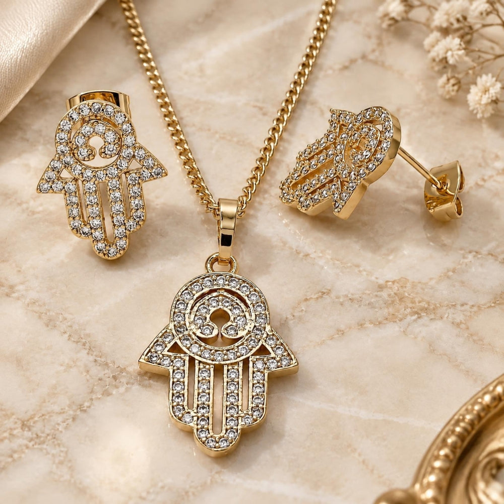 Oro Laminado Earring and Pendant Adult Set, Gold Filled Style Hand of God and Judaica Design, with White Micro Pave, Polished, Golden Finish