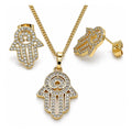 Oro Laminado Earring and Pendant Adult Set, Gold Filled Style Hand of God and Judaica Design, with White Micro Pave, Polished, Golden Finish