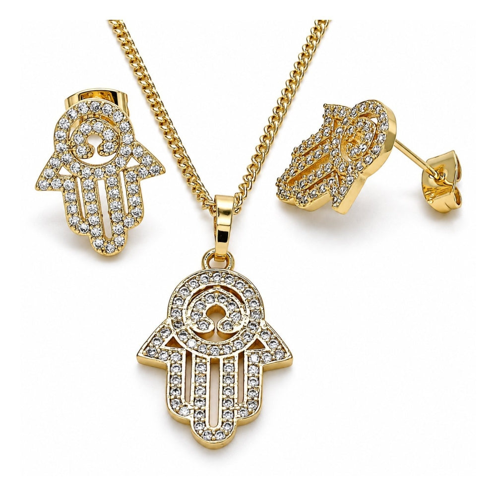 Oro Laminado Earring and Pendant Adult Set, Gold Filled Style Hand of God and Judaica Design, with White Micro Pave, Polished, Golden Finish