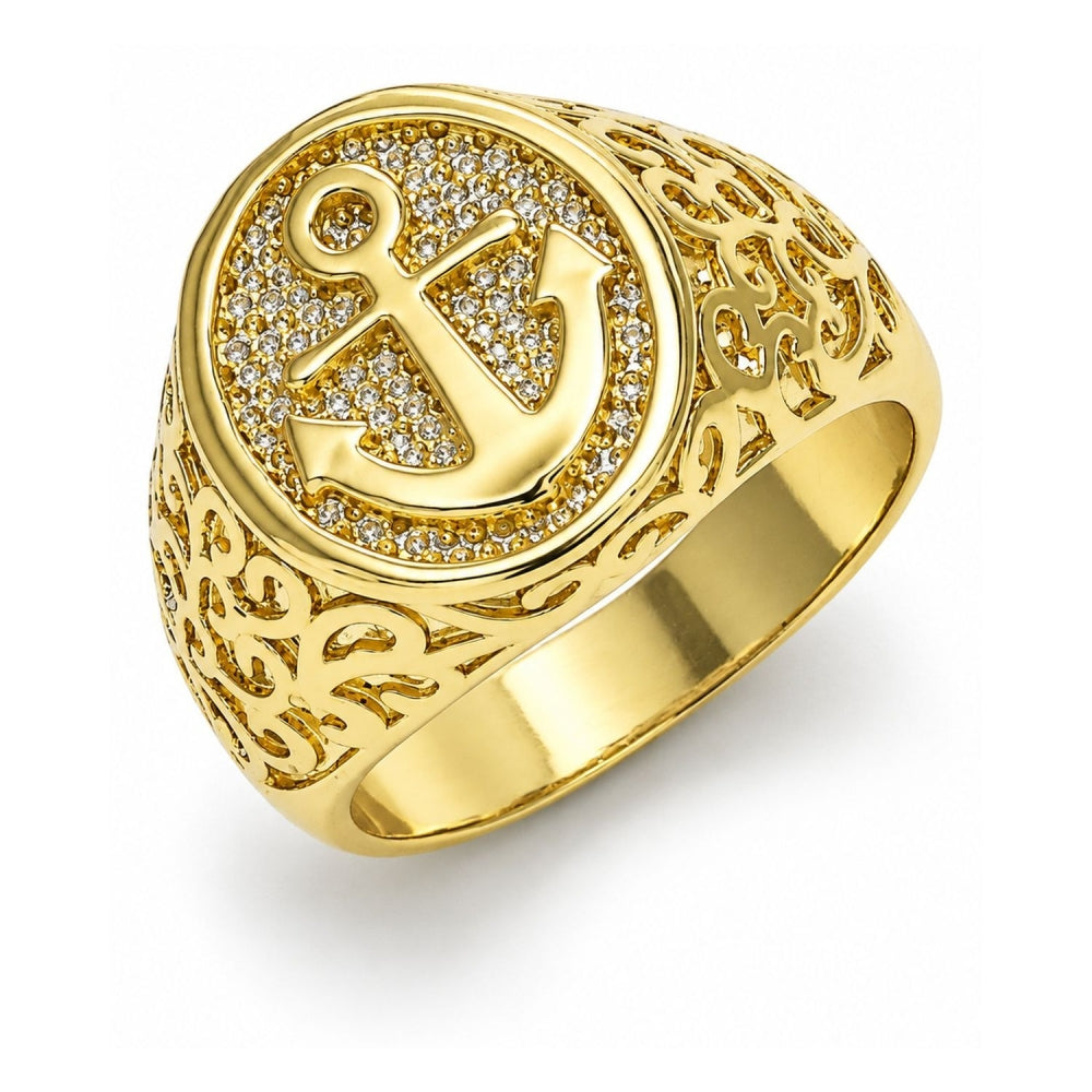 Oro Laminado Mens Ring, Gold Filled Style Anchor Design, Polished, Golden Finish