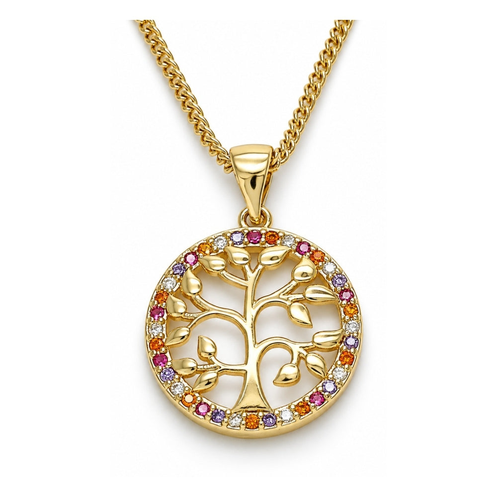 Oro Laminado Pendant Necklace, Gold Filled Style Tree Design, with Multicolor Micro Pave, Polished, Golden Finish