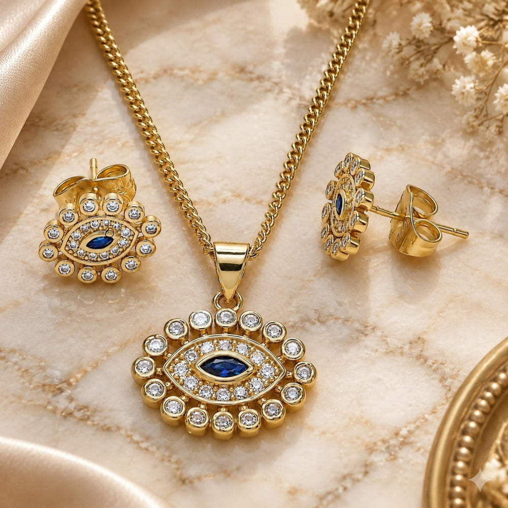 Oro Laminado Earring and Pendant Adult Set, Gold Filled Style Evil Eye Design, with Sapphire Blue and White Micro Pave, Polished, Golden Finish