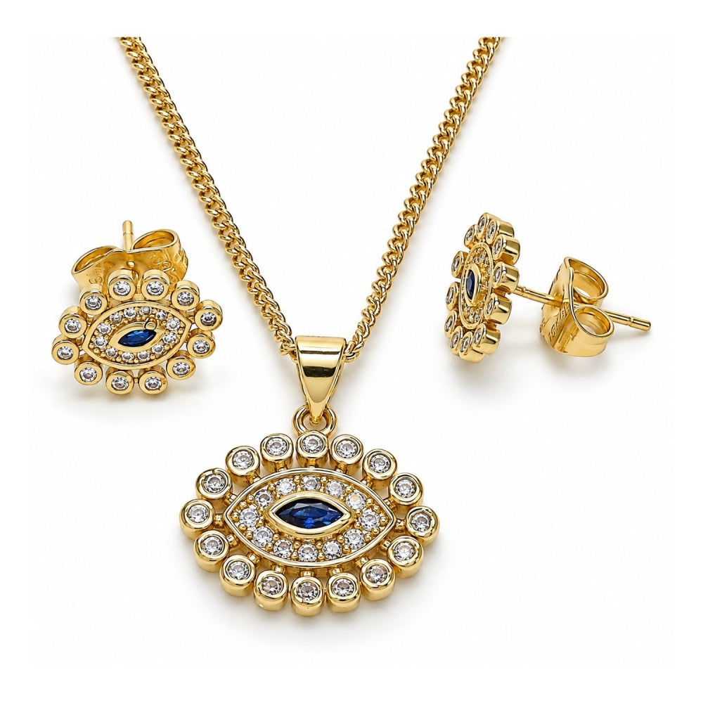 Oro Laminado Earring and Pendant Adult Set, Gold Filled Style Evil Eye Design, with Sapphire Blue and White Micro Pave, Polished, Golden Finish