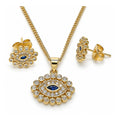 Oro Laminado Earring and Pendant Adult Set, Gold Filled Style Evil Eye Design, with Sapphire Blue and White Micro Pave, Polished, Golden Finish