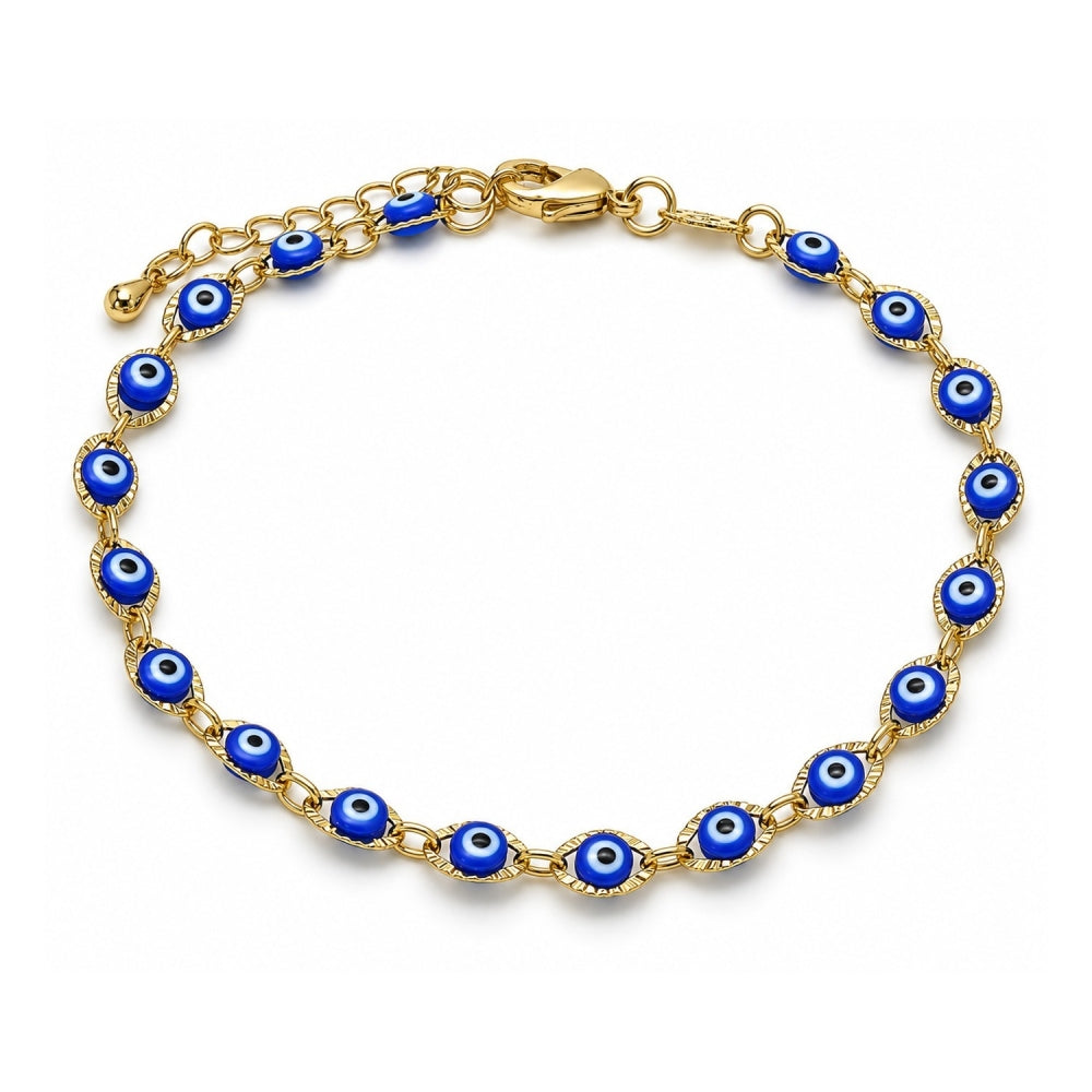 Oro Laminado Fancy Bracelet, Gold Filled Style Evil Eye Design, Blue Resin Finish, Golden Finish