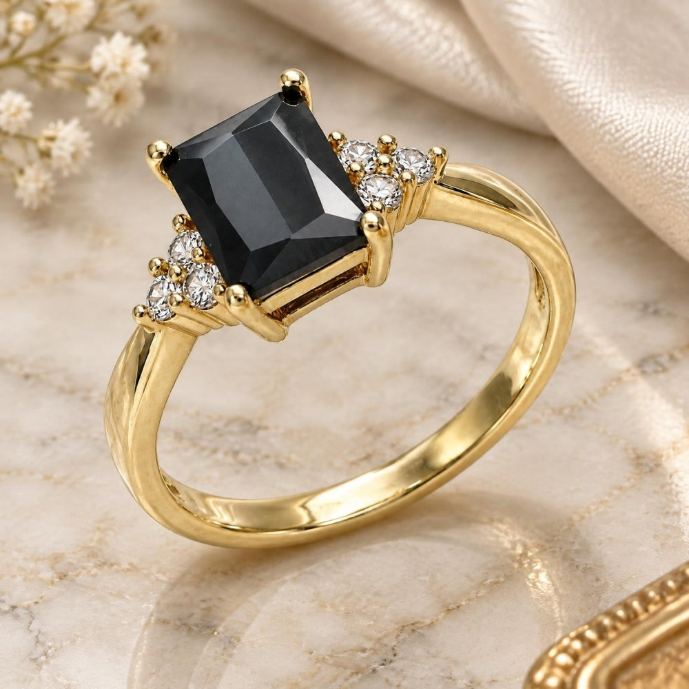 Oro Laminado Multi Stone Ring, Gold Filled Style with Black and White Cubic Zirconia, Polished, Golden Finish