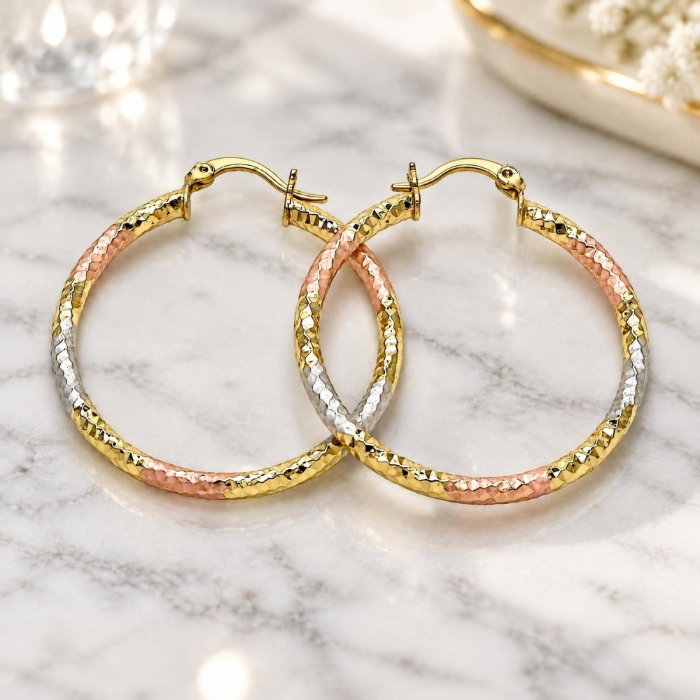 Oro Laminado Medium Hoop, Gold Filled Style Diamond Cutting Finish, Tricolor