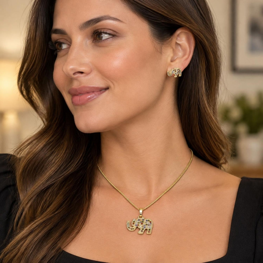 Oro Laminado Earring and Pendant Adult Set, Gold Filled Style Elephant Design, with Multicolor Micro Pave, Polished, Golden Finish