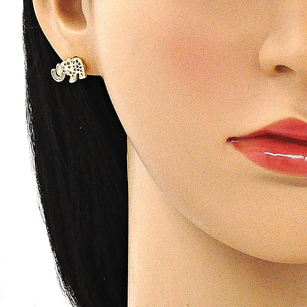 Oro Laminado Earring and Pendant Adult Set, Gold Filled Style Elephant Design, with Multicolor Micro Pave, Polished, Golden Finish