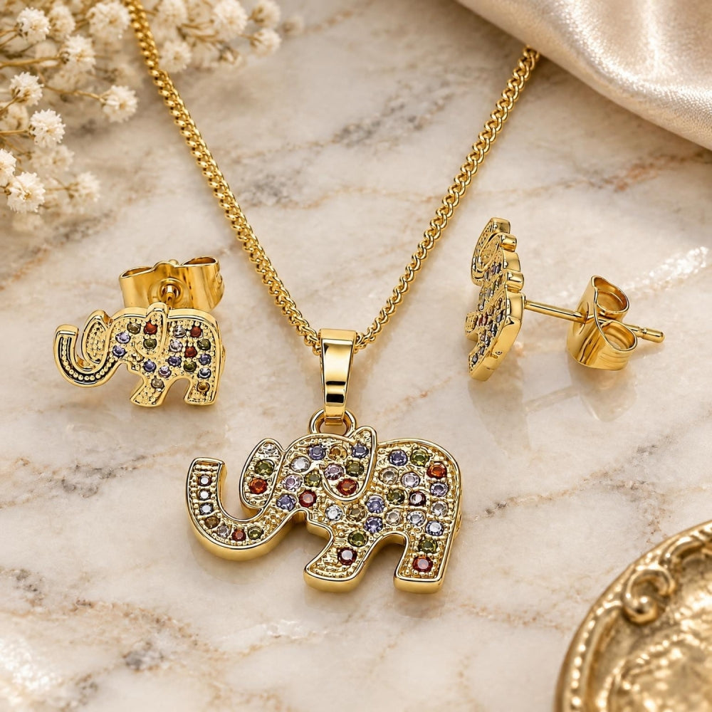 Oro Laminado Earring and Pendant Adult Set, Gold Filled Style Elephant Design, with Multicolor Micro Pave, Polished, Golden Finish