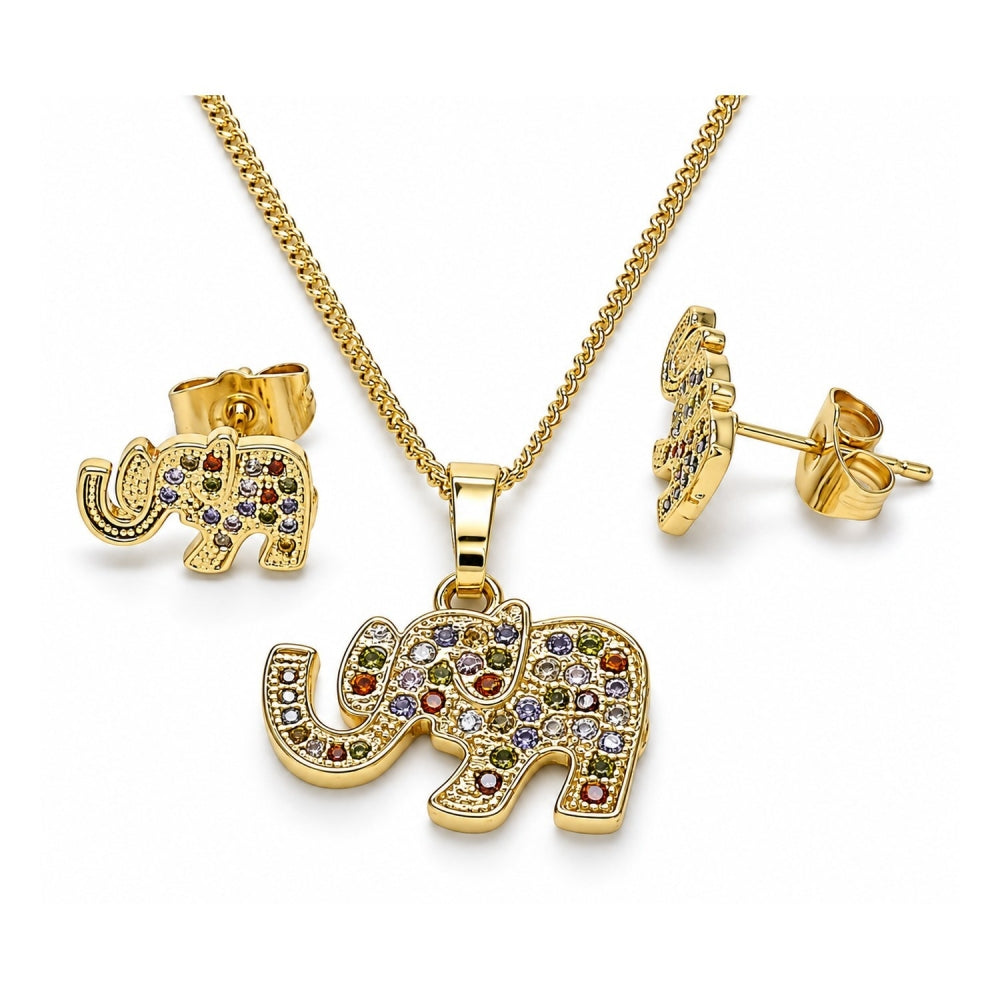 Oro Laminado Earring and Pendant Adult Set, Gold Filled Style Elephant Design, with Multicolor Micro Pave, Polished, Golden Finish