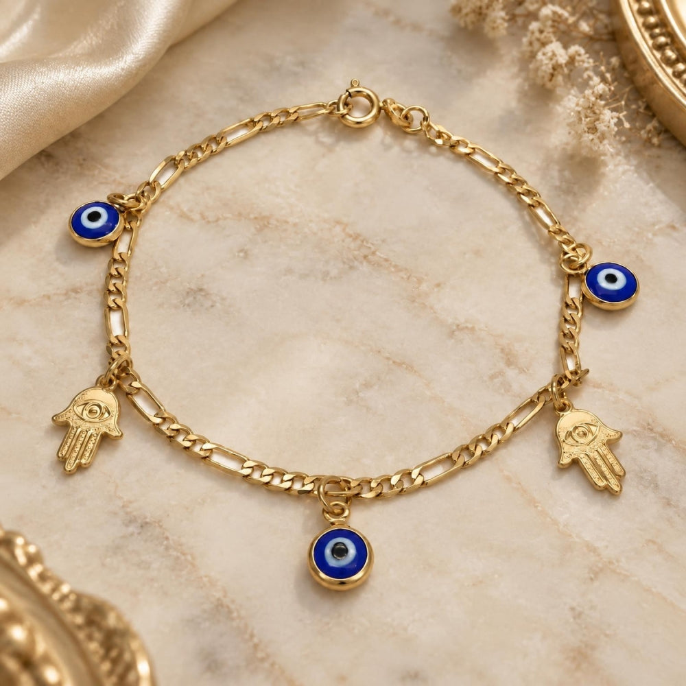 Oro Laminado Charm Bracelet, Gold Filled Style Hand of God and Evil Eye Design, Polished, Golden Finish