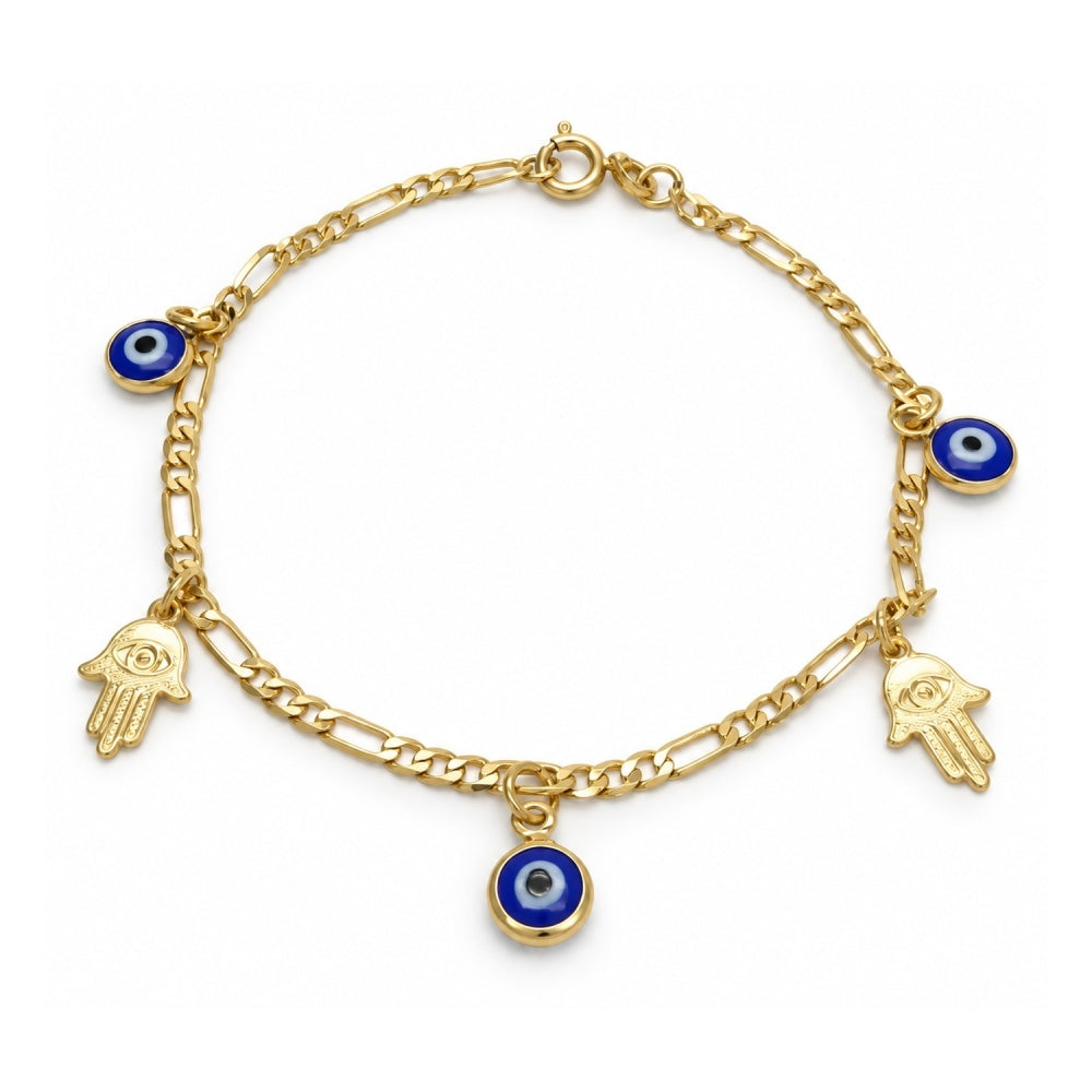 Oro Laminado Charm Bracelet, Gold Filled Style Hand of God and Evil Eye Design, Polished, Golden Finish