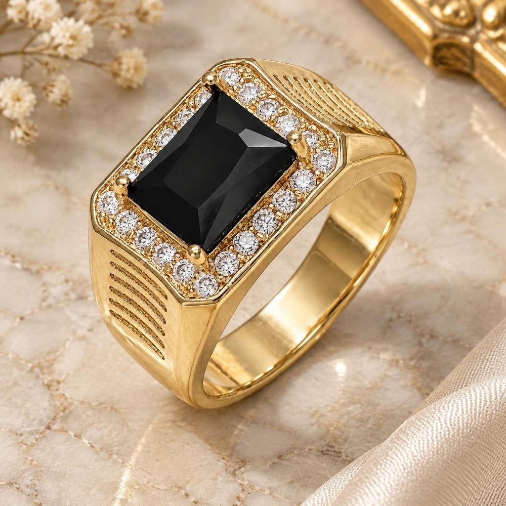 Oro Laminado Mens Ring, Gold Filled Style with Black Cubic Zirconia and White Micro Pave, Polished, Golden Finish