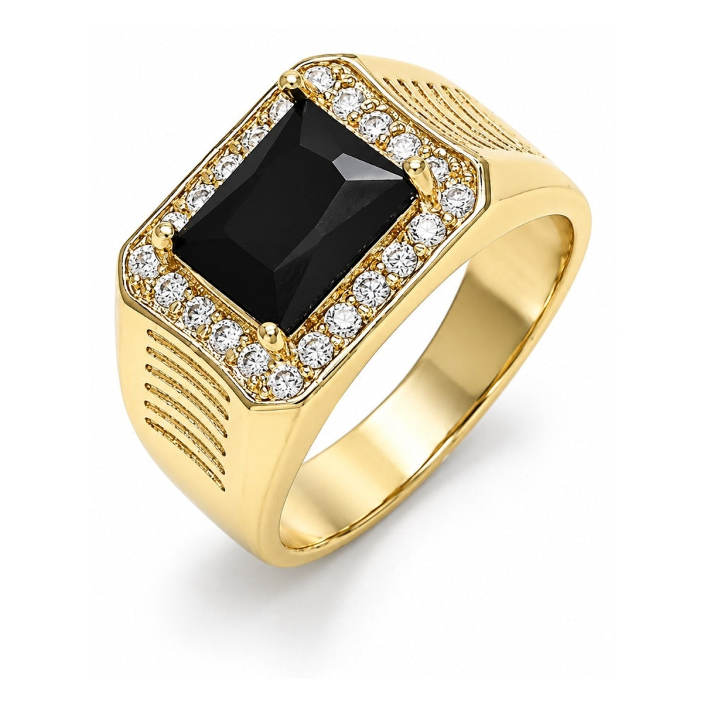Oro Laminado Mens Ring, Gold Filled Style with Black Cubic Zirconia and White Micro Pave, Polished, Golden Finish