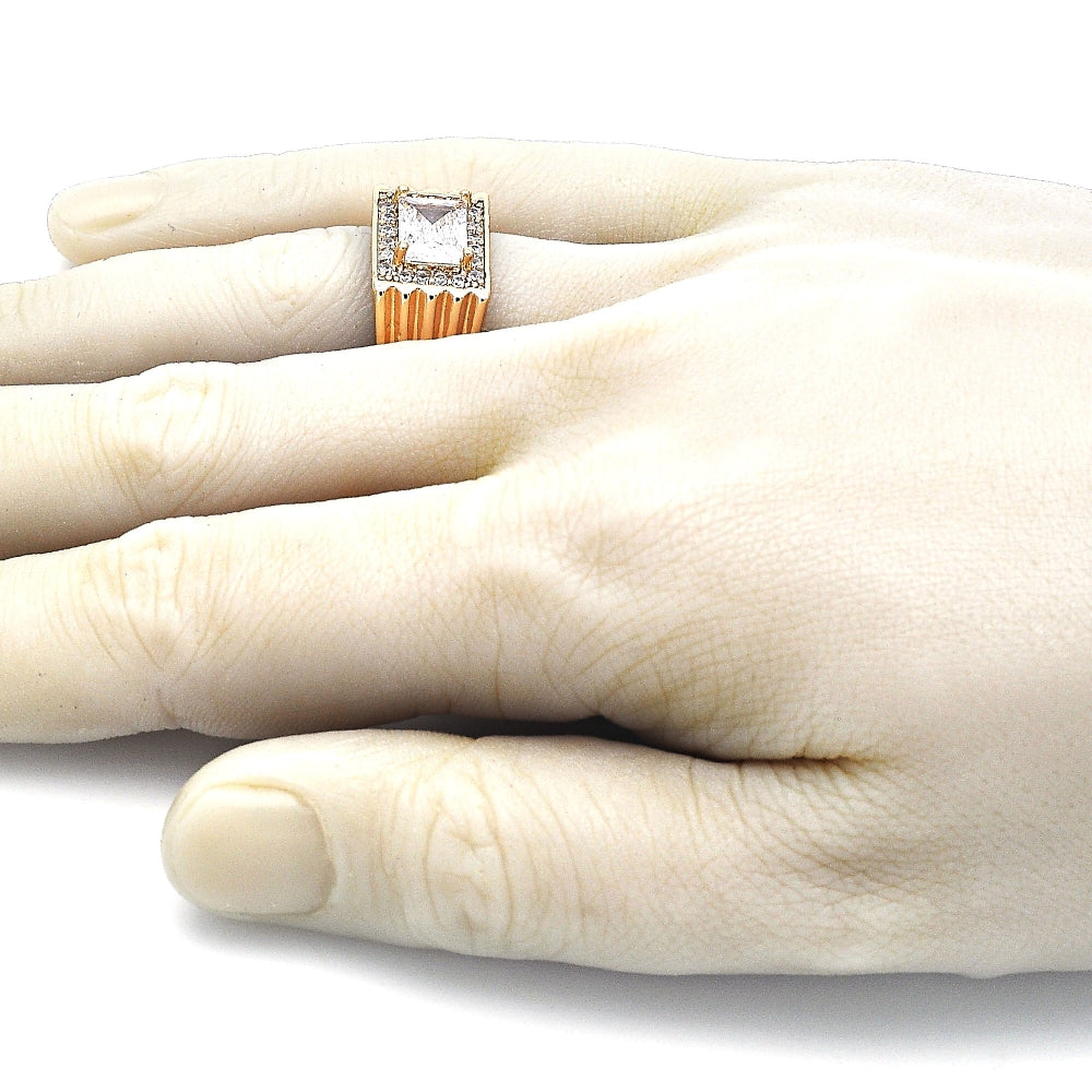 Oro Laminado Mens Ring, Gold Filled Style with White Cubic Zirconia and White Micro Pave, Polished, Golden Finish