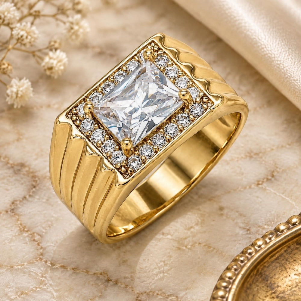 Oro Laminado Mens Ring, Gold Filled Style with White Cubic Zirconia and White Micro Pave, Polished, Golden Finish