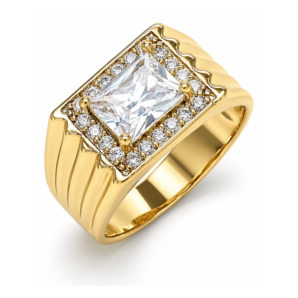 Oro Laminado Mens Ring, Gold Filled Style with White Cubic Zirconia and White Micro Pave, Polished, Golden Finish