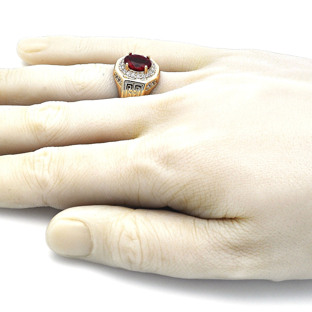 Oro Laminado Mens Ring, Gold Filled Style with Garnet Cubic Zirconia and White Micro Pave, Polished, Golden Finish