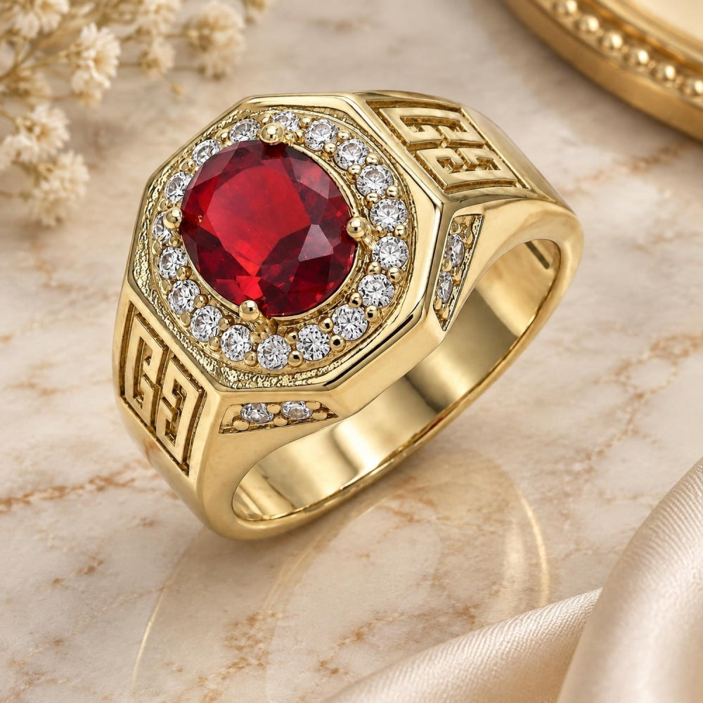 Oro Laminado Mens Ring, Gold Filled Style with Garnet Cubic Zirconia and White Micro Pave, Polished, Golden Finish