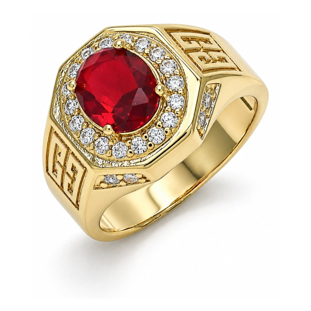 Oro Laminado Mens Ring, Gold Filled Style with Garnet Cubic Zirconia and White Micro Pave, Polished, Golden Finish