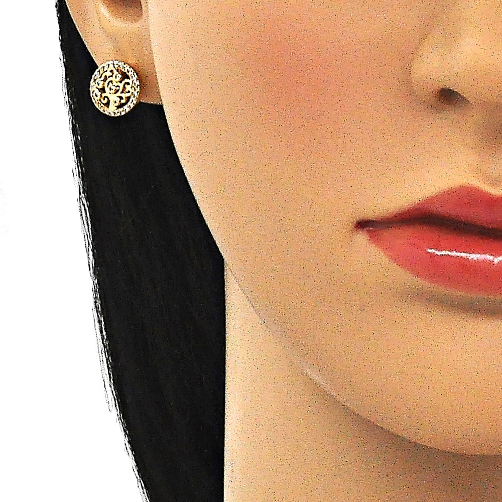 Oro Laminado Earring and Pendant Adult Set, Gold Filled Style Tree Design, with White Cubic Zirconia, Polished, Golden Finish