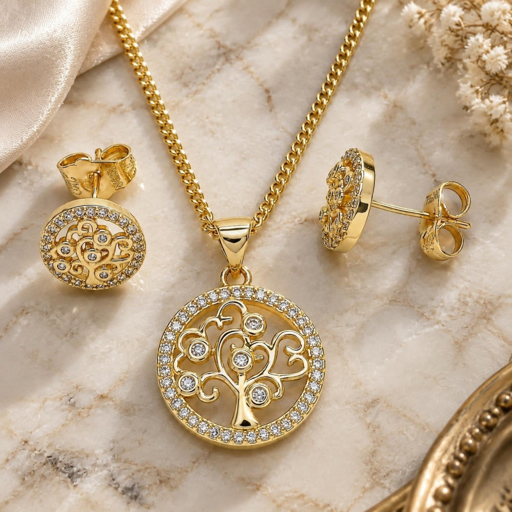 Oro Laminado Earring and Pendant Adult Set, Gold Filled Style Tree Design, with White Cubic Zirconia, Polished, Golden Finish