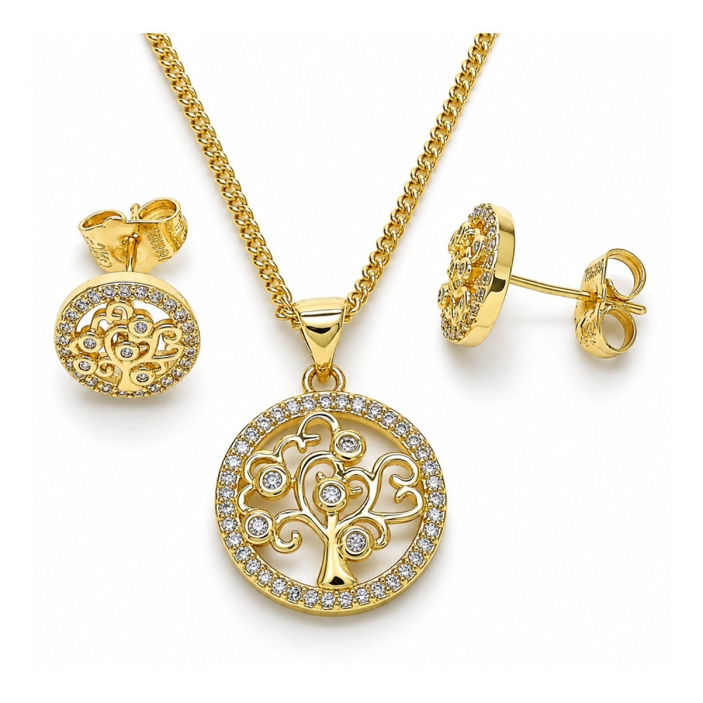 Oro Laminado Earring and Pendant Adult Set, Gold Filled Style Tree Design, with White Cubic Zirconia, Polished, Golden Finish
