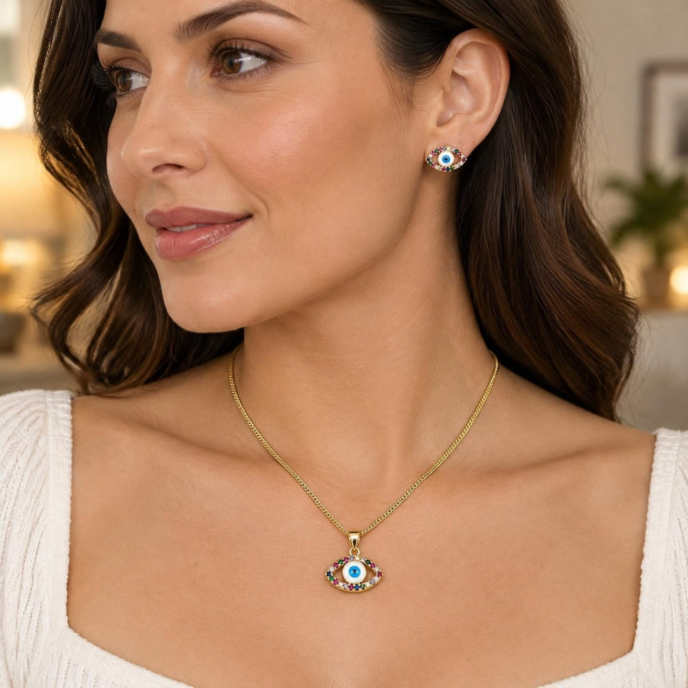 Oro Laminado Earring and Pendant Adult Set, Gold Filled Style Evil Eye Design, with Multicolor Micro Pave, White Enamel Finish, Golden Finish