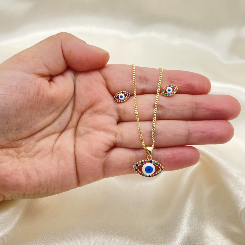 Oro Laminado Earring and Pendant Adult Set, Gold Filled Style Evil Eye Design, with Multicolor Micro Pave, White Enamel Finish, Golden Finish