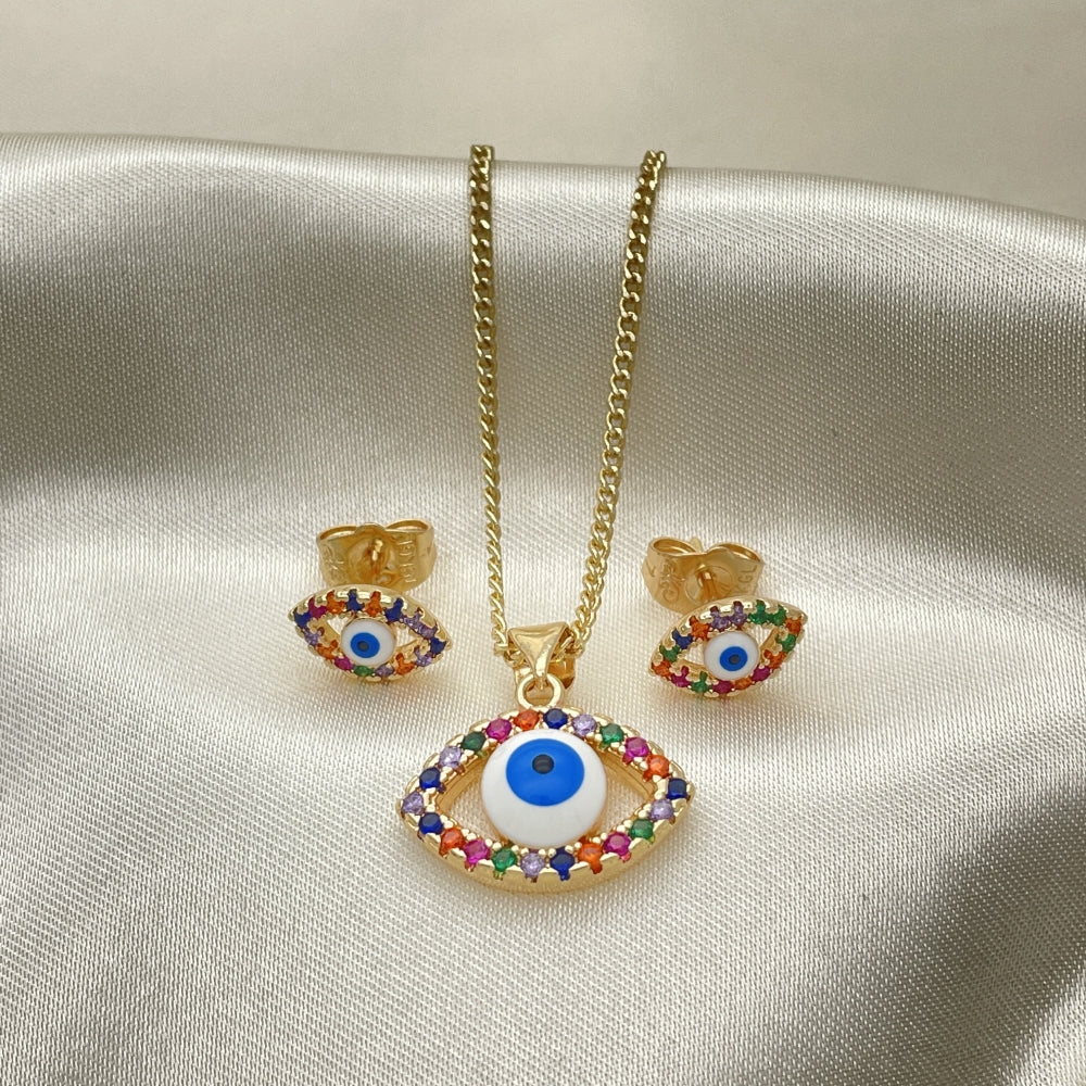 Oro Laminado Earring and Pendant Adult Set, Gold Filled Style Evil Eye Design, with Multicolor Micro Pave, White Enamel Finish, Golden Finish