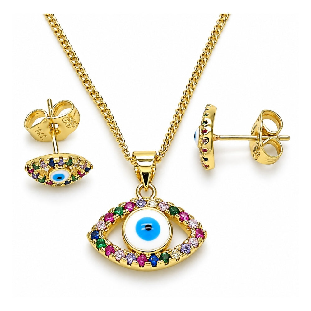 Oro Laminado Earring and Pendant Adult Set, Gold Filled Style Evil Eye Design, with Multicolor Micro Pave, White Enamel Finish, Golden Finish