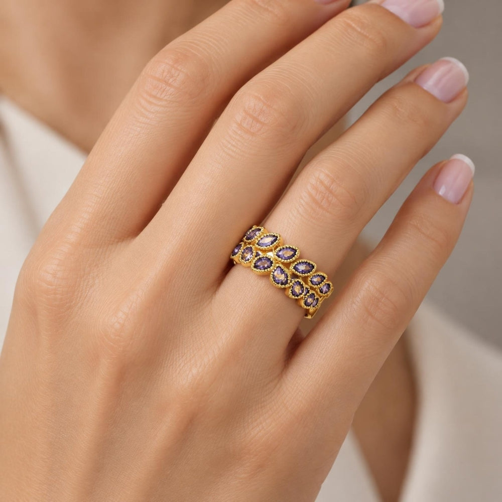 Oro Laminado Multi Stone Ring, Gold Filled Style Leaf Design, with Amethyst Cubic Zirconia, Polished, Golden Finish